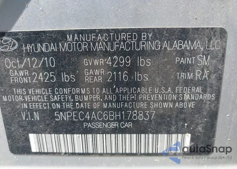 2011 Hyundai Sonata Se z USA, uszkodzony, nr VIN 5NPEC4AC6BH178837